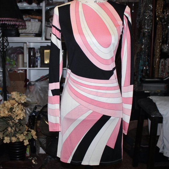 Vintage Very Pucci-Esque Julie Brown Silk Abstract Dress Sz P S/M - Picture 2 of 12
